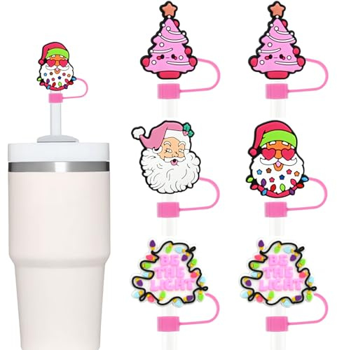 Christmas Straw Covers 6 Pcs 10mm Straw Cover Cap for Stanley Cup, Christmas Tree Santa Claus Design Drinking Straw Toppers Reusable Pink Straw Tip Covers Cute Xmas Straw Topper Accessories
