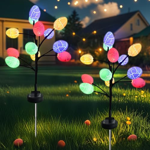Osterdeko Solarlampen für Außen, 2 Stück Solarleuchten mit 12 LED Ostereier, Bunt Ostereier Solarlampen mit 2 Beleuchtungsmodi, IP65 Wasserdicht Solar Gartenleuchten für Ostern Deko Außen (A)