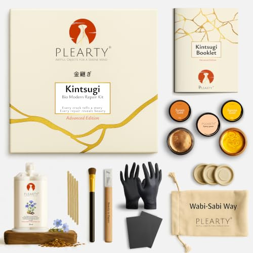 PLEARTY Kintsugi Repair Kit Food-Safe Linseed Resin Dishwasher Proof 20g Metallic Gold Mica Powder Detailed Booklet Modern Kintsugi kit for Beginners Japanese Art Gold Repair Kit