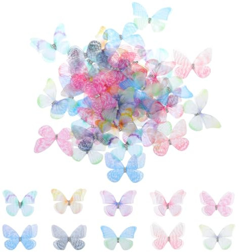 Kifmurase Schmetterlings-Applikationen aus Organza-Stoff, 60 Stück, bunte 3D-Schmetterlinge zum Basteln mit Spitzenseide, 2-lagige Wanddekoration für DIY-Hochzeitsparty-Dekoration, Kleidung, Ornament