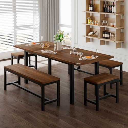 Feonase 5-teiliges Esstisch-Set für 4-8 Personen, 160 cm ausziehbarer Küchentisch mit 2 Bänken und 2 quadratischen Hockern, Mid-Century Moderner Esszimmertisch aus Holz, platzsparend, Walnuss