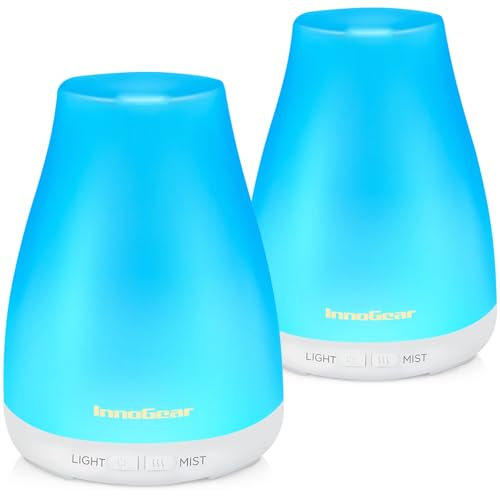 InnoGear Essential Oil Diffuser, 2 Pack Premium 5-in-1 Aromatherapy Humidifiers Aroma Scent Air Defuser for Home Large Room Bedroom Desk Office 7 Color LED 2 Mist Mode Waterless Auto Off, Basic White