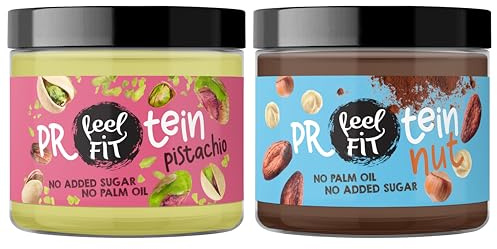 Feel Fit Protein Creme Mix – 2x Protein Pistachio (24% Protein) + 4x Protein nut Kakao-Haselnuss-Aufstrich (17% Protein), Ohne Zuckerzusatz, Ohne Palmöl, Ideal als Brotaufstrich & Dessert, 6x200g