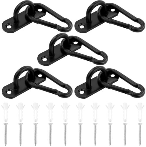5 placas de ojo de acero inoxidable, placa de ojo con ojal, placa de ojo negro, placa de ojales, ganchos de techo, con 6 mosquetones y tornillos, para montaje en pared, montaje en techo