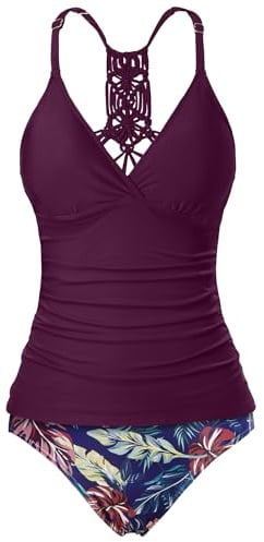 Purple Leaves Women Tummy Control Tankini Swimsuits with Bottom XL(US 16)