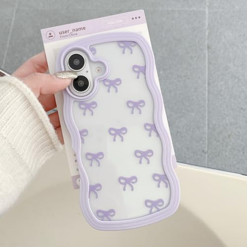 QLTYPRI Bow Case for iPhone 17, Clear Cute Ribbon Bow Phone Case Curly Wavy Aesthetic Phone Cover, Slim Soft Transparent Shockproof Protective Cover for Women Girls - Purple