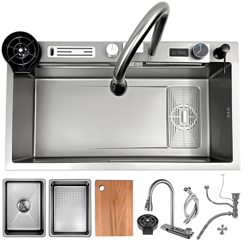 ATHOMASM Fregadero de cocina de 75 x 45 cm, color gris plateado, de acero inoxidable, empotrable con grifo, para tazas, dispensador de jabón, soporte para cuchillos, sifón, tubo de drenaje, 1 lavabo