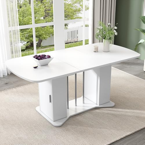 ECLIVON Esstisch Küchentisch, Esstisch Ausziehbar 120-160 x 80 cm, Weiß | Für 4-6 Personen, Für Esszimmer, Esszimmertisch Rechteckige mit Stauraum und Türen, Tisch mit Tischplatte & Metallgestell