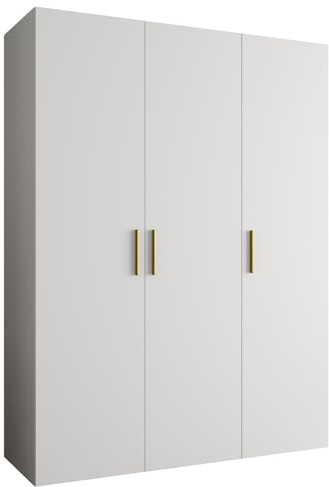 MEBLE KRYSPOL - Kleiderschrank - Garderobenschrank - 150 cm x 202 x 52 cm - Schrank mit Kleiderstange, 3 Türen - für Schlafzimmer, Flur - BARI, Weiß, Griff Gold