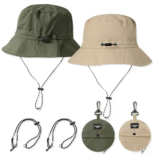 Pushiibee Chapeau Bob, Lot de 2 Bob Pêcheur Femme et Homme, 2 Couleurs Chapeau de Pluie Femme Bob de Pêche Homme, Chapeau Soleil pour Plage et Outdoor en Été avec Cordon de Menton