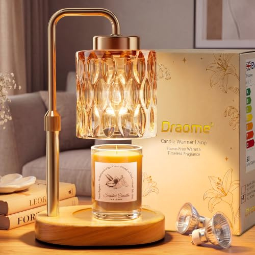 Draome Candle Warmer Lamp with Timer, Dimmable, Height Adjustable, Flameless, with 2 Bulbs, Flower Glass Shade, Gift for Women (A1-Gold)