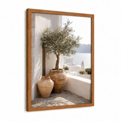 Elvynln Framed Canvas Wall Art 12x16 Inch Mediterranean Olive Tree Print | Walnut colour frame with acrylic front panel. Mediterranean olive tree print for living room, bedroom or hallway decor
