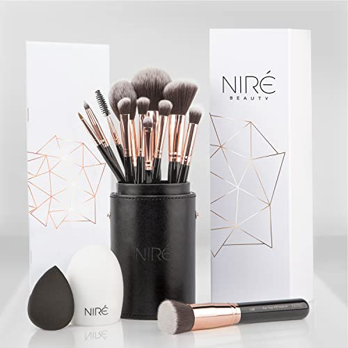 Niré Beauty Make-up-Pinselset, 15-teilig: preisgekrönte vegane Profi-Pinsel mit Etui, Niré make up schwamm, Pinselreiniger, Guide & Geschenkschachtel