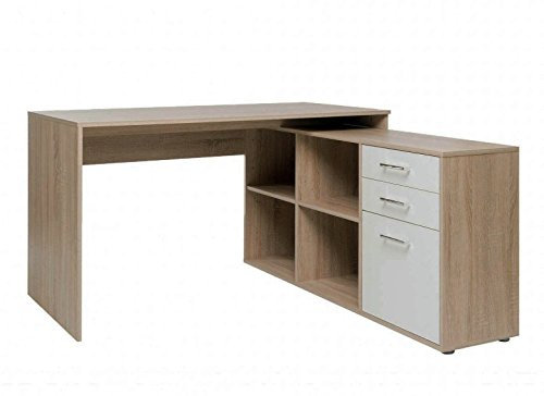 Avanti Trendstore - Leon -Winkelschreibtisch mit 2 Schubkästen, 1 Tür und 4 offene Fächer aus Eiche Sonoma/weiß Dekor. Maße BHT 136x75x138 cm