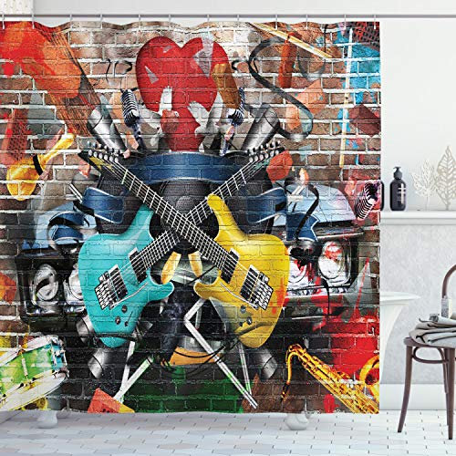 ABAKUHAUS Musik Duschvorhang, Collage-Instrument fröhlich, mit 12 Ringe Set Stielvoll Modern, 175x200 cm, Brau Mehrfarbig