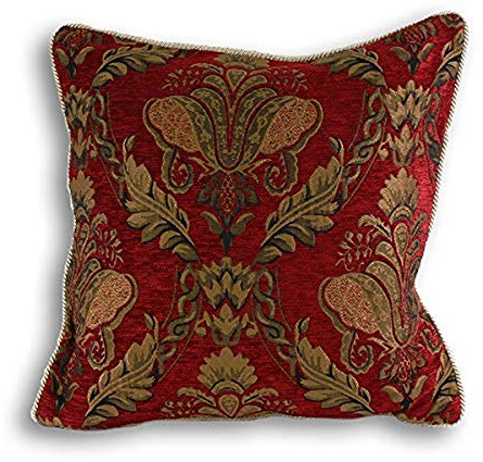 Riva Paoletti Shiraz Large Square Feather Filled Cushion Red-Embroidered Damask Jacquard-Gold Piped Edges-Reversible-Zip Closure-100 Case (23 x 23 inches), Polyester, Burgundy, 58 x 58cm