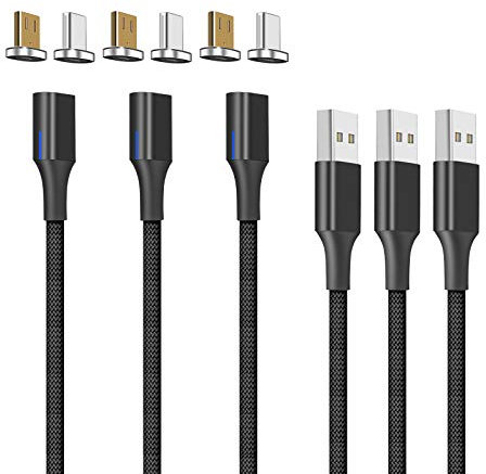 NetDot Gen10 Micro USB y USB-C Cable de Carga rápida magnético Trenzado de Nailon con Lateral Compatible con Dispositivo Android (1,5 m/3 Paquete Negro)