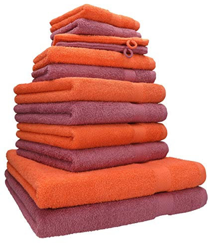 Betz 12-TLG. Handtuch Set Premium 100% Baumwolle 2 Duschtücher 4 Handtücher 2 Gästetücher 2 Seiftücher 2 Waschhandschuhe Farbe blutorange/Beere