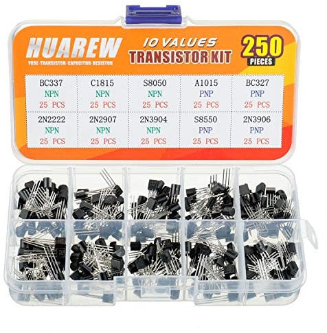 HUAREW 10 Values 250 Pcs Transistors NPN BC337 C1815 S8050 2N2222 2N2907 2N3904 PNP A1015 BC327 S8550 2N3906 BJT Bipolar Junction Transistor Assortment Kit
