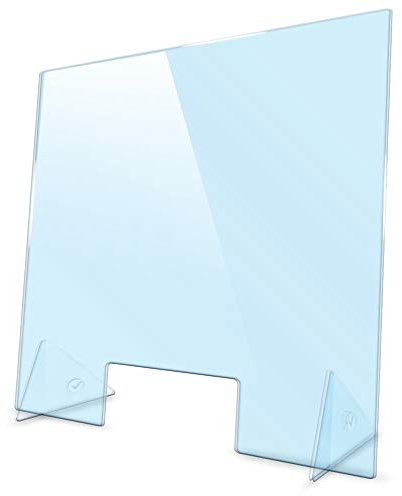 printplanet Spuckschutz mit Durchreiche – Viren und Tröpfchen Schutz für Tresen, Theken, Verkaufsstellen – Stabile Schutzscheibe aus 5mm Acrylglas - Größe: 50 cm x 50 cm (Aussparung: 22 x 5 cm)