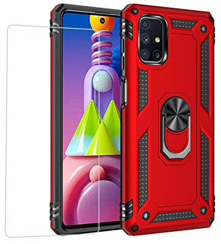 Joytag Hülle für Samsung M51 handyHülle+ panzerglasfolie Silikon TPU 360 Grad Drehring aus Halter magnetisch Autotelefon case-Rote