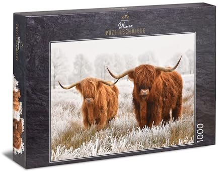 Ulmer Puzzleschmiede - Puzzle „Winterfreunde“ - Winterliches 1000 Teile Tiere-Puzzle – Puzzlemotiv mit Zwei zotteligen Hochland-Rindern - toller Bild-Kontrast zwischen Tier und Natur