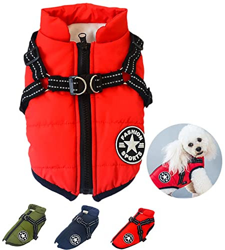 Nayoroom Hundemantel für Mittel Kleine Hunde - Warme Weste mit Hundegeschirr - Wasserdicht Winddicht - Hundejacke Hundepullover Hundebekleidung für Chihuahua Französische Bulldogge Dackel(Rot L)