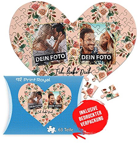 Foto-Puzzle selbst gestalten - Ich Liebe Dich - mit 2 Fotos Bedrucken - Herz-Puzzle Personalisieren - Geschenk zu Valentinstag, Jahrestag - 63 Teile inkl. Kartonverpackung