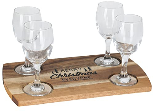 Home & Styling Christmas Design 100ml Liquor Port Glass Serving Set with Acacia Wood Tray Board