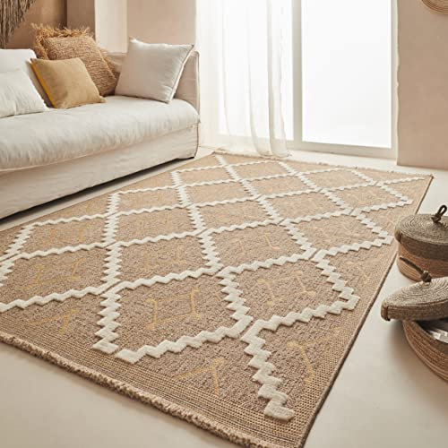 Nazar Tapis, Tapis Salon Nature Aspect Jute Chiné Motif Moderne Style Boho, Tapis pour Salon, Chambre, Terrasse, Exterieur, Couleur Naturelle (9041 Jaune, 60x90 cm)