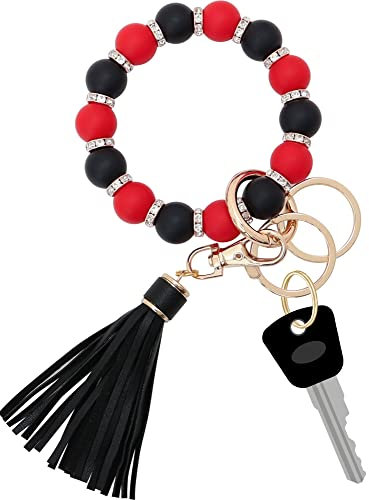 Bracelet porte-clés en silicone pour femme, bracelet élastique en perles avec zircon et pompon pour cadeau de fête des mères, rouge/noir, taille unique