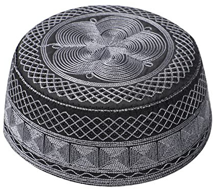 OhMill Bestickte islamische Kappe Saudi-Arabien Herren Totenkopf Kappe Hut Muslimische Gebetsmütze Kappe für UAE Herren Islam Cap Kufi Kopfbedeckung, dunkelgrau, Large