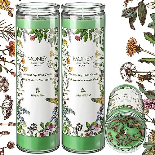 MTLEE 2 Stück Money Scented Spell Candles Soy Herbal Money Candle with Herbs and Etherential Oils Green Cash Candle for Wealth Abundance Prosperity Ritual Getting a Cash Flow Boost