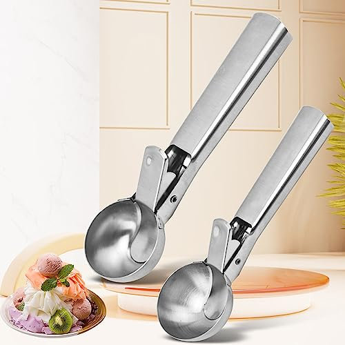Cuchara de helado de acero inoxidable, 2 unidades de cuchara para helado grande de 5,4 cm, pequeña de 4,5 cm, pala para helado con eyector, pala para helado, cuchara para helado, galletas, pasta para