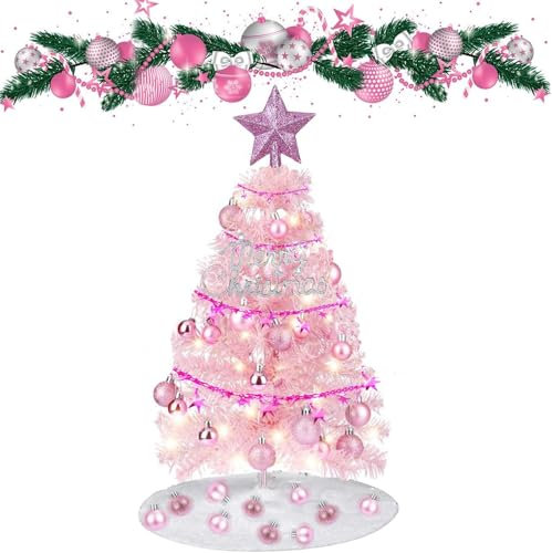60CM Mini Christmas Tree,Artificial Christmas Tree with Hanging Ornaments,Christmas Tree Skirt,Christmas Ball Desktop Xmas Tree for Home, Kitchen, Dining Table DIY Christmas Decorations