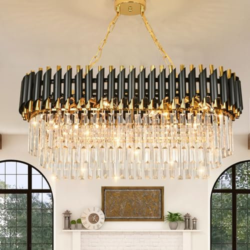 Modern Luxury Crystal Pendant Light Black Golden Crystal Chandelier Lights 3-Tier Raindrop Chandelier Light Fixture Flush Mount Ceiling Light for Dining Room Living Room Table Foyer,L80cm*W30cm