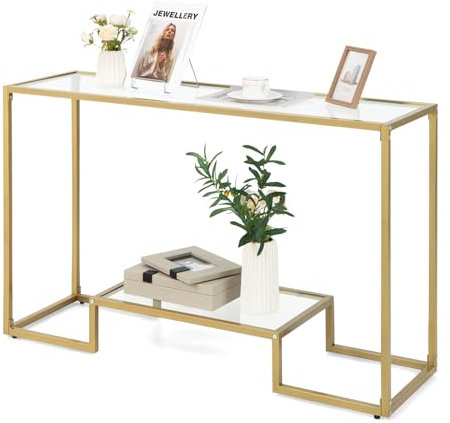 COSTWAY 121cm Console Table, Modern Tempered Glass Slim Entryway Table Sofa Side Table with Storage Shelves, Golden Metal Frame Long Narrow Couch Accent Table for Hallway, Foyer and Living Room