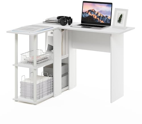 Furinno Abbott L-förmiger Schreibtisch mit Bücherregal, Weiß/Weiß