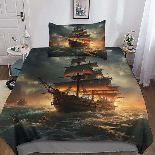 Piratenschiff Bettwäsche-Sets Stürmische See Mit 3D-Druck Bettbezug, Erwachsene Teenager Mikrofaser Mit Reißverschluss Und Kissenbezug Weich Atmungsaktive 2 Teilig Single(135x200cm)