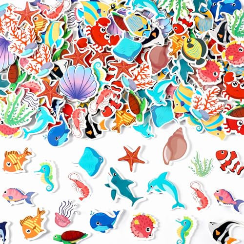 JULBEAR Meerestiere Schaumstoff Sticker, 300 Stück Moosgummi Selbstklebend Aufkleber Kinder Moosgummi Glitzer Sticker Tropische Fische Meeresschildkröten Aufkleber für Basteln Ozean Thema Geschenke
