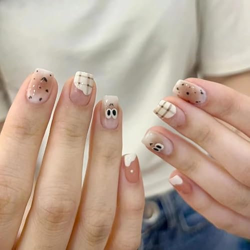 24pcs Short Square False Nails Plaid Pattern Press on Nails Cute Cartoon False Nails Hand-painted Eyes Stick on Nails Removable Glue-on Nails Full Cover Fake Nails Women Brides Nail Art Accessories