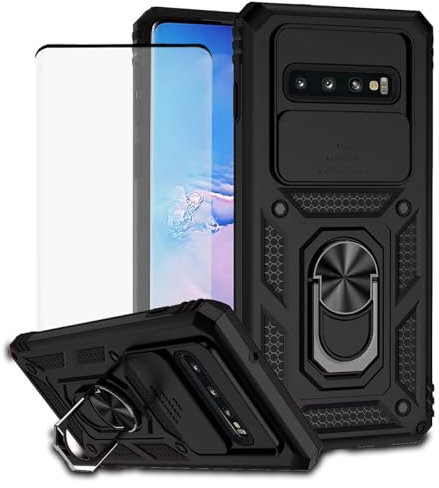 Jhxtech for Galaxy S10 Plus Case, Samsung S10+ SM-G975U Case with Tempered Glass Screen Protector and Slide Camera Cover, Magnetic Ring Car Mount Holder Kickstand Cover for Samsung Galaxy S10+ Black