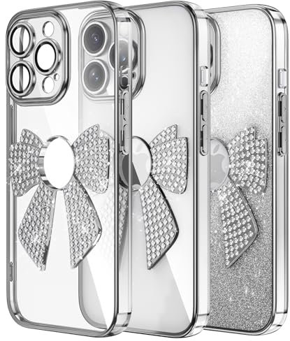 IMEIKONST Glitter Case Compatible with iPhone 14 Pro Max, Camera Protector Shockproof Slim Fit Soft TPU Bumper Sparkle Bling Diamond Bow for Women Girls Cover for iPhone 14 Pro Max. Silver KDH