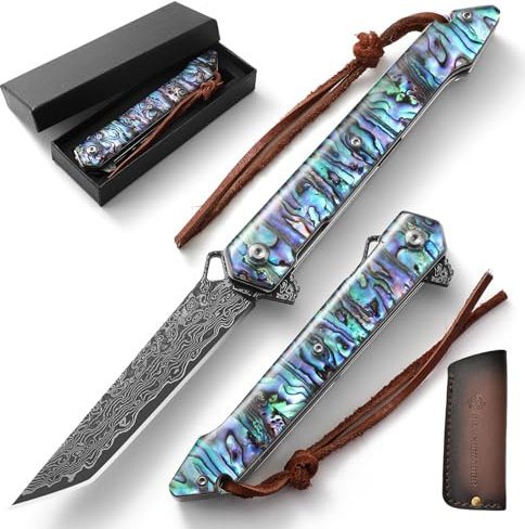 DRACHENADER Damast Taschenmesser Tanto Klinge, handgeschmiedet Damaststahl, Einhandmesser mit Scheide, Klappmesser mit Natur Abalone Muschelgriff für Sammler und Outdoor