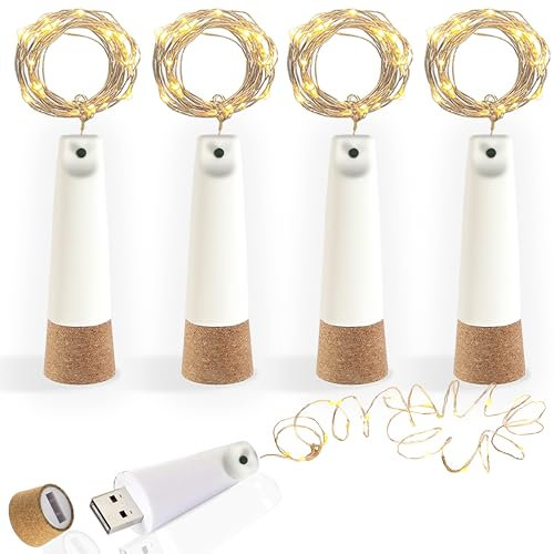 USB Wiederaufladbare Flaschenlichter, 2M 20 LED Korklichter für Flaschen, 8 Modi Kupferdraht LED Lichterkette, DIY Dekoration für Weihnachten, Hochzeit, Party, Außenbereich, Gläser (Warmweiß, 4 Stück)