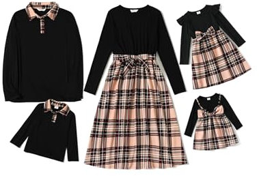 PATPAT Familienoutfit Karo Familienporträts (Hemd + Kleid), Mutter Tochter Outfit Mama Partnerlook, Mommy and Me, Fotografie Reisen Versammlungen Familienrituale, KhakiMädchen8-9 Jahre