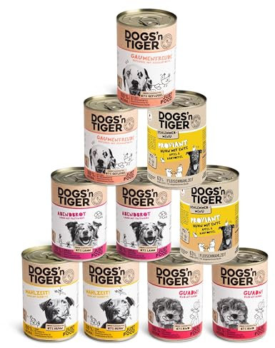 Dogs’n Tiger Adult Hundefutter, Nassfutter, ohne Zuckerzusatz, Getreide & künstliche Konservierungsstoffe, optimale Verträglichkeit, Mixpaket Top of The Tops! Dogs, Rind, Lamm, Huhn & Ente, 10x 400g
