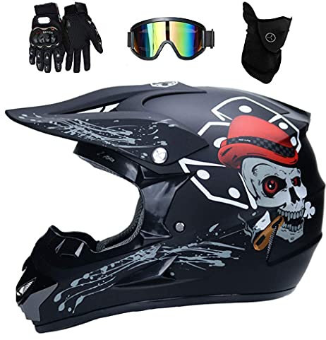Gioventù Ragazzo Casco da Motocross, con Occhiali Guanti Maschera, Integrale Fuori Strada Strada MTB Casco da Moto, Downhill ATV Scooter Quad Bike Gare di Enduro Incidente Casco(L/56-57CM)