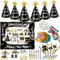 iZoeL Silvester Deko 2025 Party Set Neujahr Partyhüte Silvesterparty Fotorequisiten Konfettikanone Party Trinkhalme Feier Partytröten Schwarz Gold deko