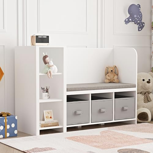 [en.casa] Kindersitzbank mit Regal Høylandet Sitzbank mit Stauraum Kinderregal mit 3 Aufbewahrungsboxen Kinderzimmer 76 x 112 x 40 cm Schuhbank mit Sitzfläche Weiß/Grau